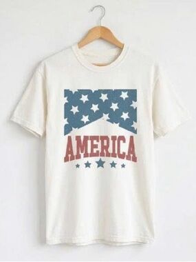 Gildan White T‑Shirt with Blue Stars and Red AMERICA Text